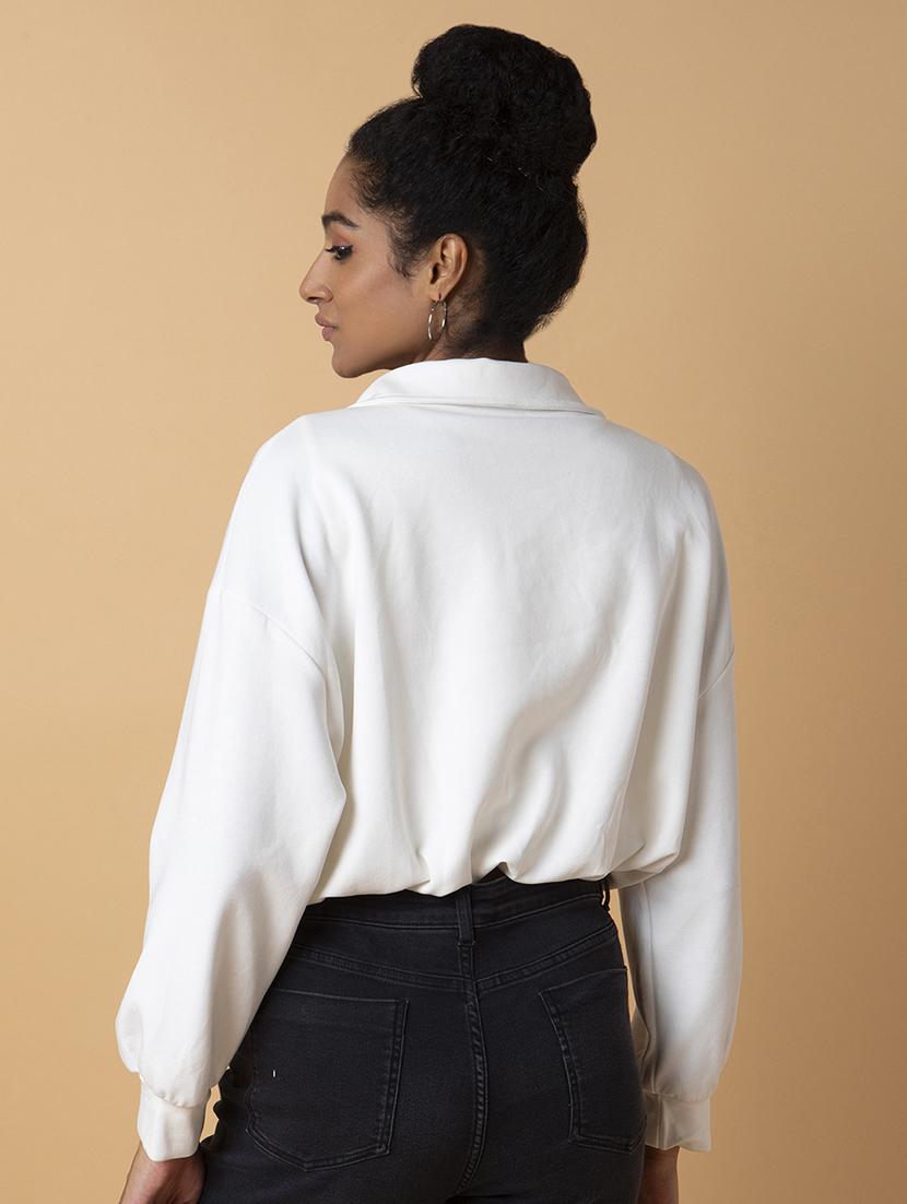 women solid collared long sleeve crop pullover - 21387443 - Standard Image - 2