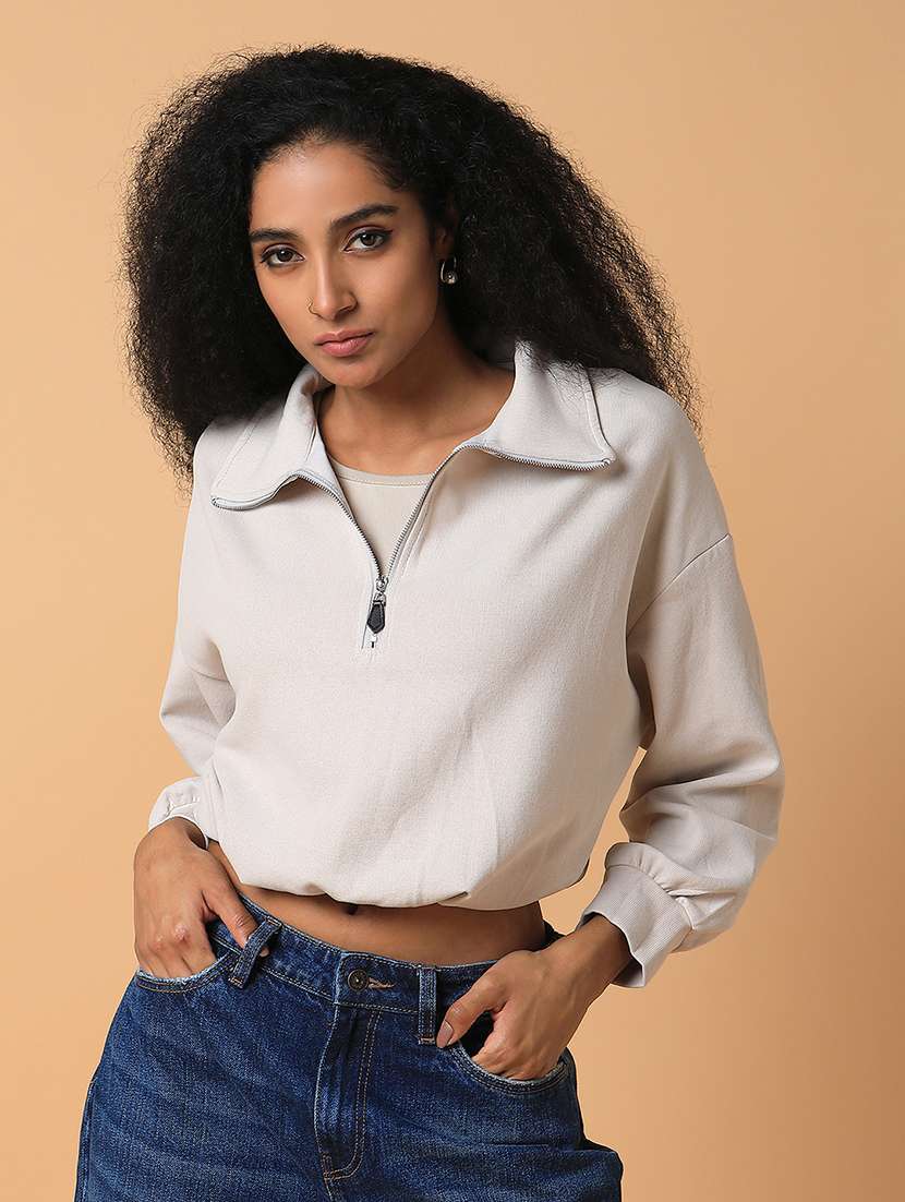 women solid collared long sleeve sweatshirt