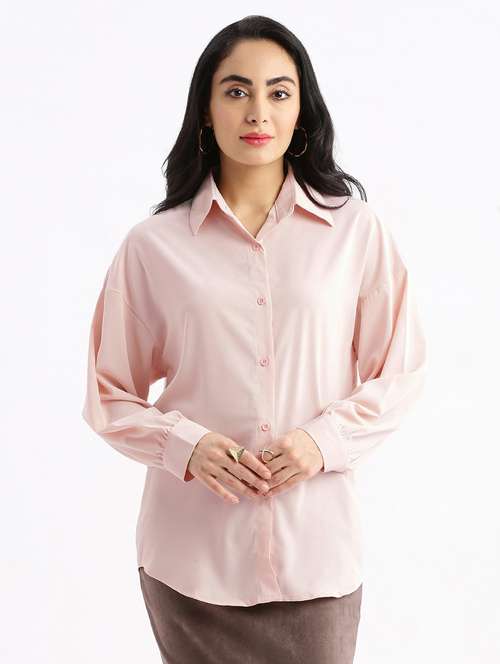 women pink solids long sleeves boxy shirt - 21387576 -  Standard Image - 0