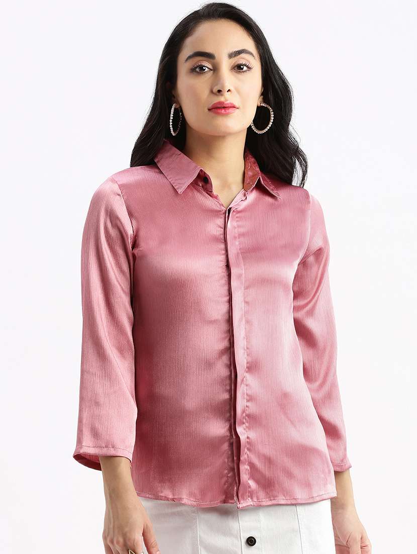 women pink satin regular shirt