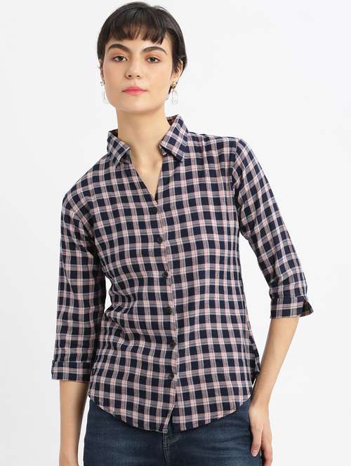 navy blue checks regular shirt - 21387646 -  Standard Image - 0