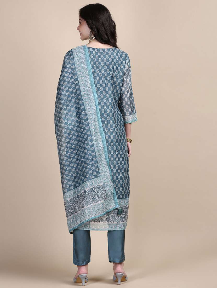 women block print round neck kurta pant set with dupatta - 21387678 -  Standard Image - 2