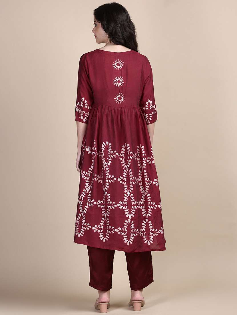 women maroon batik round neck kurta pant set - 21387702 -  Standard Image - 2