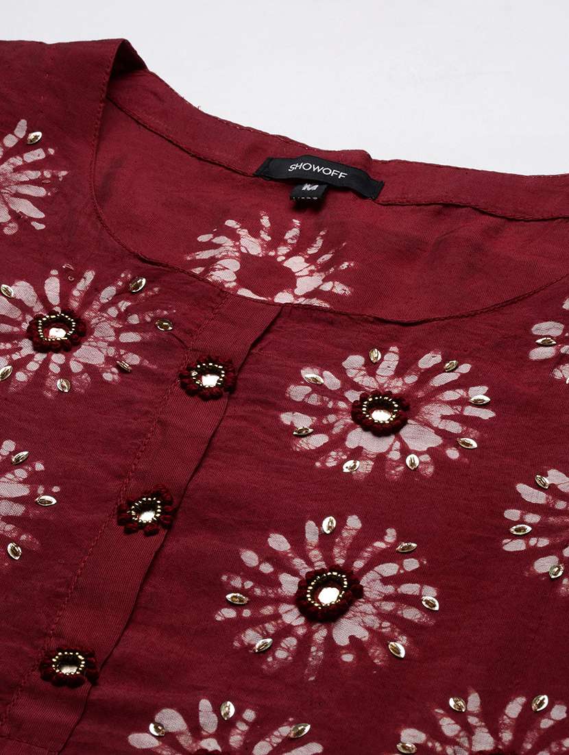 women maroon batik round neck kurta pant set - 21387702 -  Standard Image - 7