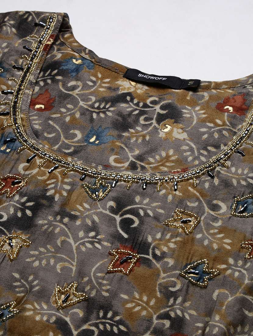 women grey printed round neck kurta pant set - 21387721 -  Standard Image - 7