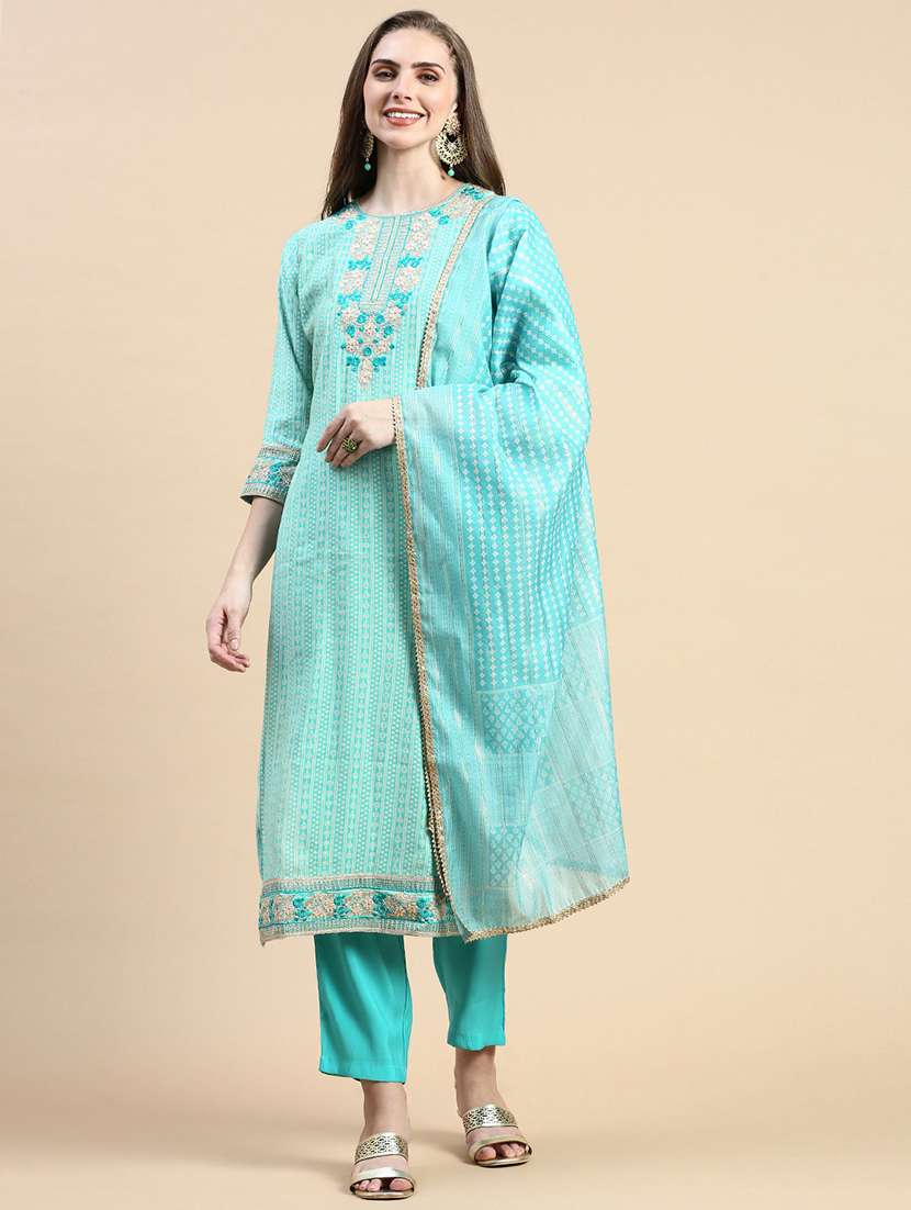 women printed kurta pant set with dupatta