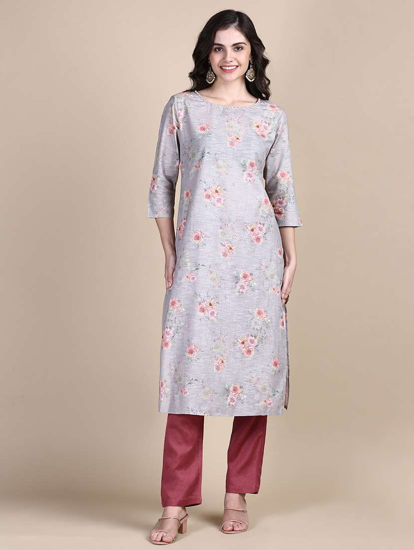 women grey floral printed kurta pant set
