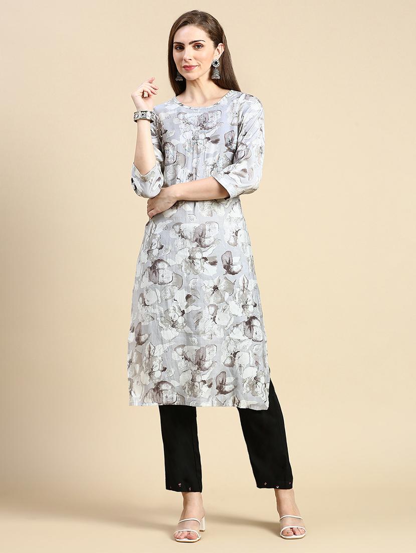 women grey round neck straight kurta - 21387740 -  Zoom Image - 0