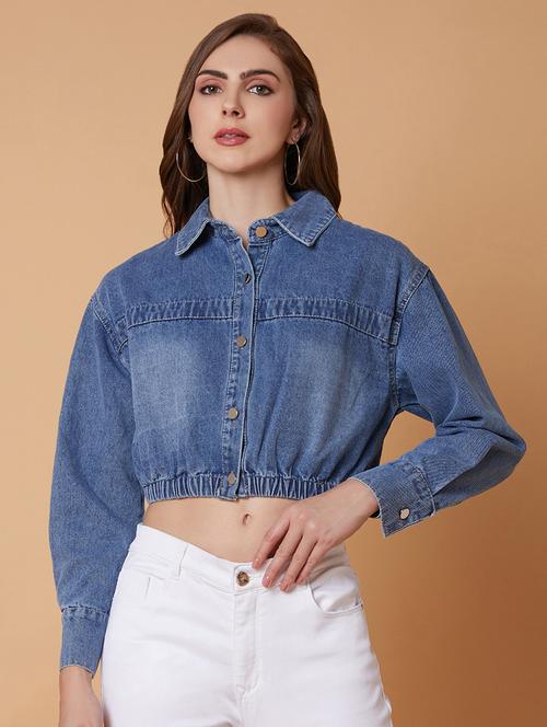 blue solid denim crop jacket - 21387779 - Standard Image - 0