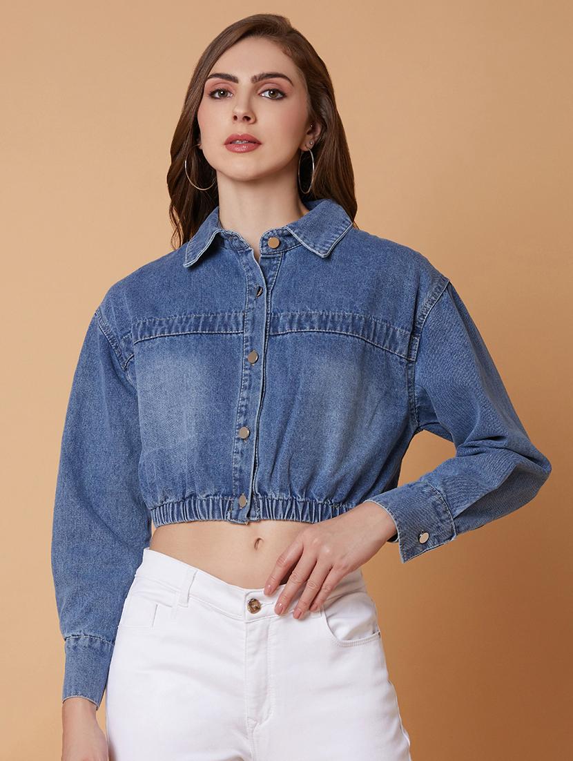 blue solid denim crop jacket - 21387779 - Zoom Image - 0