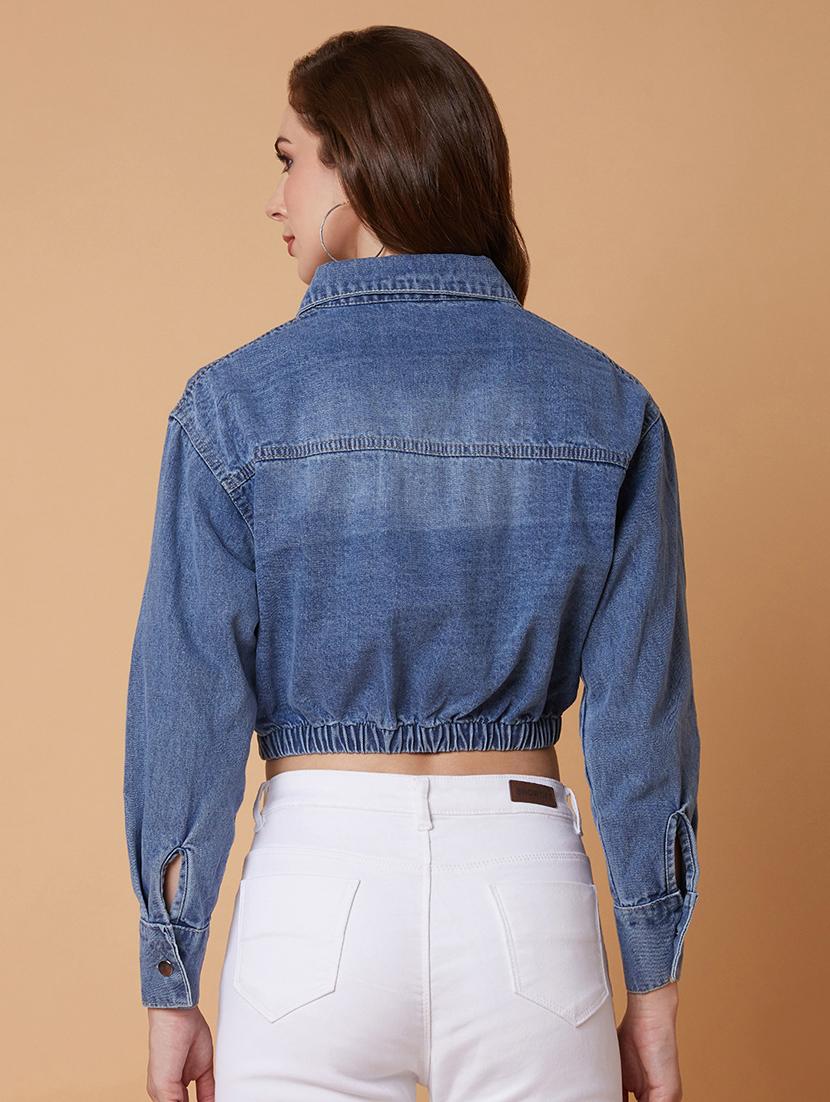 blue solid denim crop jacket - 21387779 - Standard Image - 2