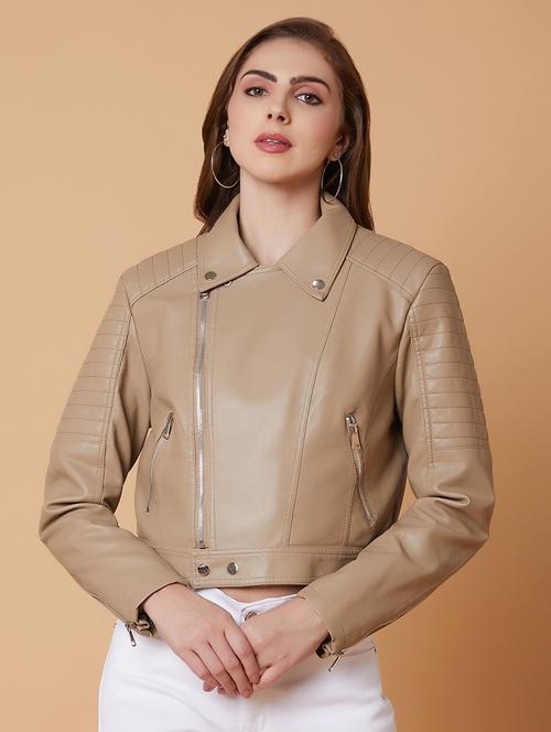 women beige solid biker jacket - 21387796 -  Standard Image - 0