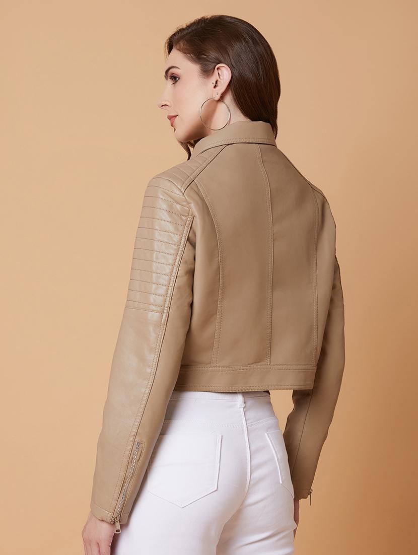 women beige solid biker jacket - 21387796 - Standard Image - 2