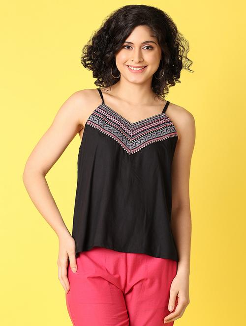 women black embroidered shoulder strap neck top - 21388078 -  Standard Image - 0