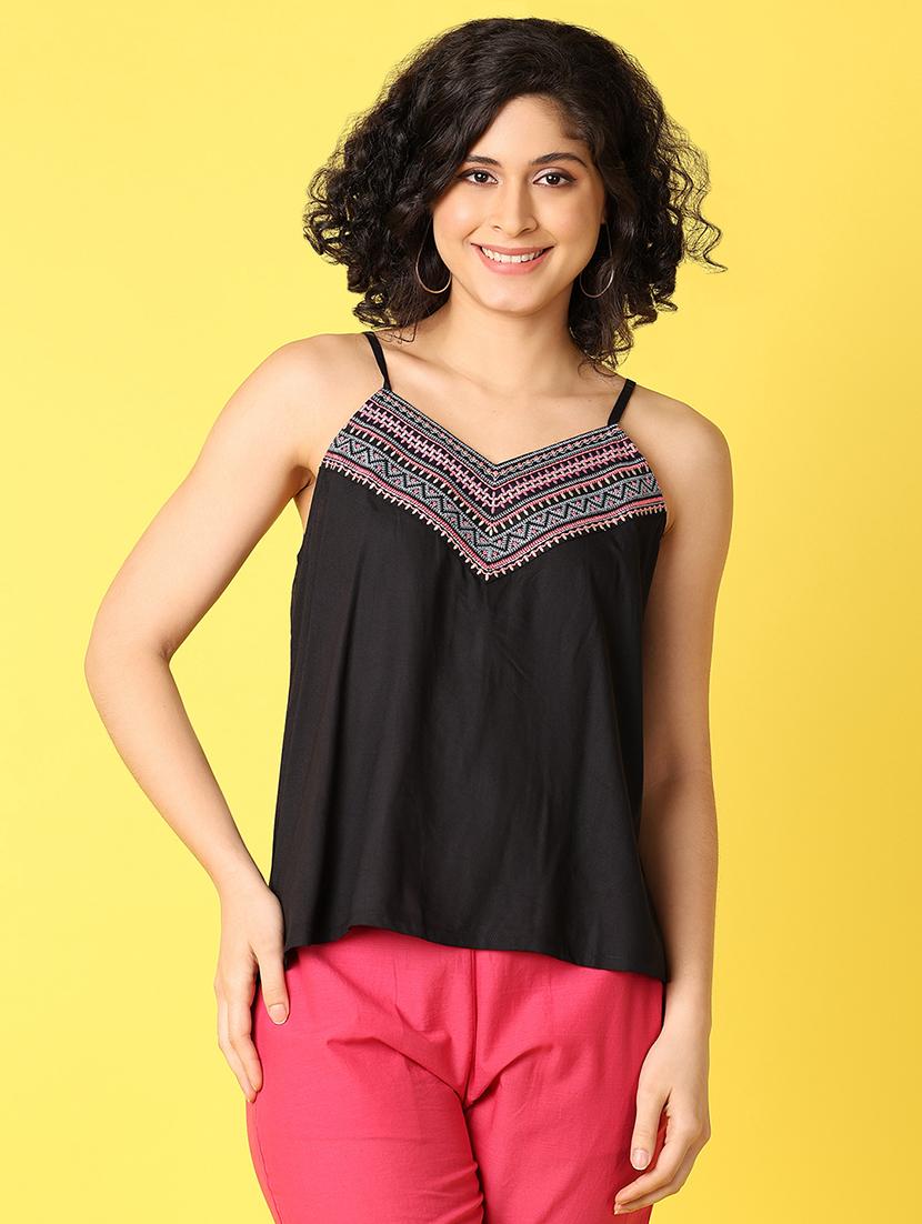 women black embroidered shoulder strap neck top - 21388078 -  Zoom Image - 0
