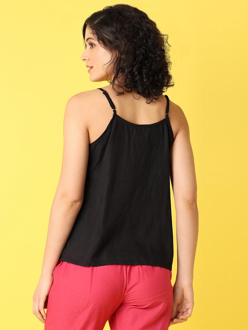 women black embroidered shoulder strap neck top - 21388078 - Standard Image - 2