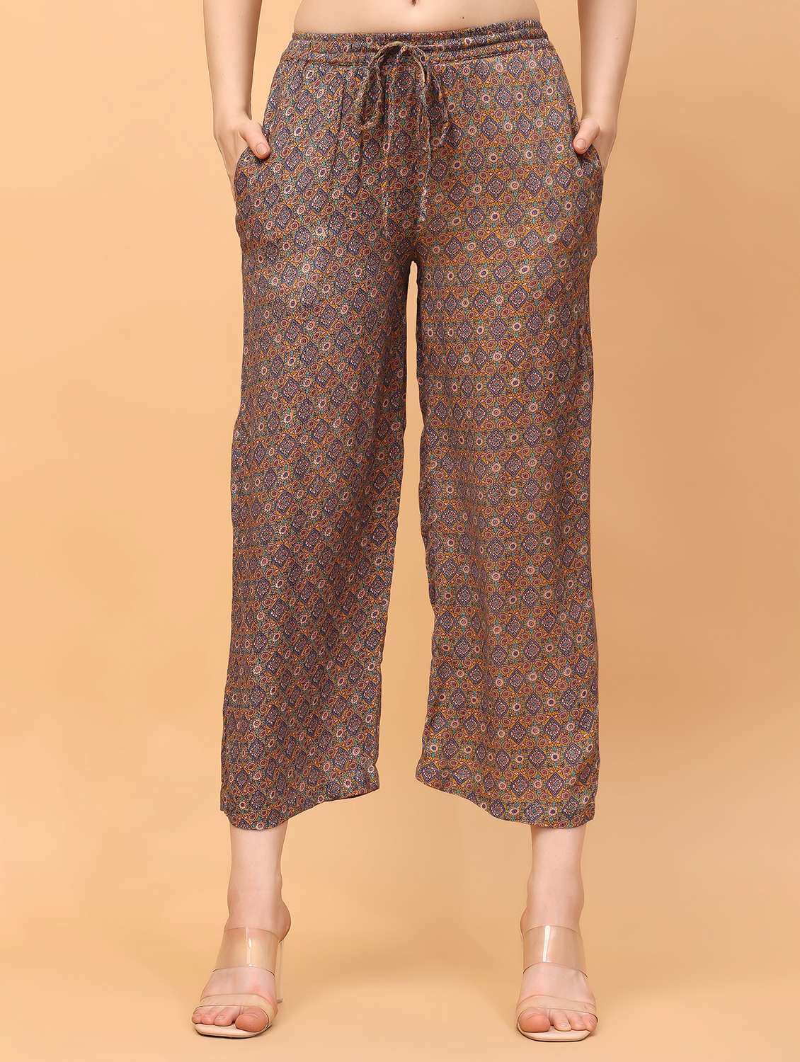 women mustard rayon wide leg trouser