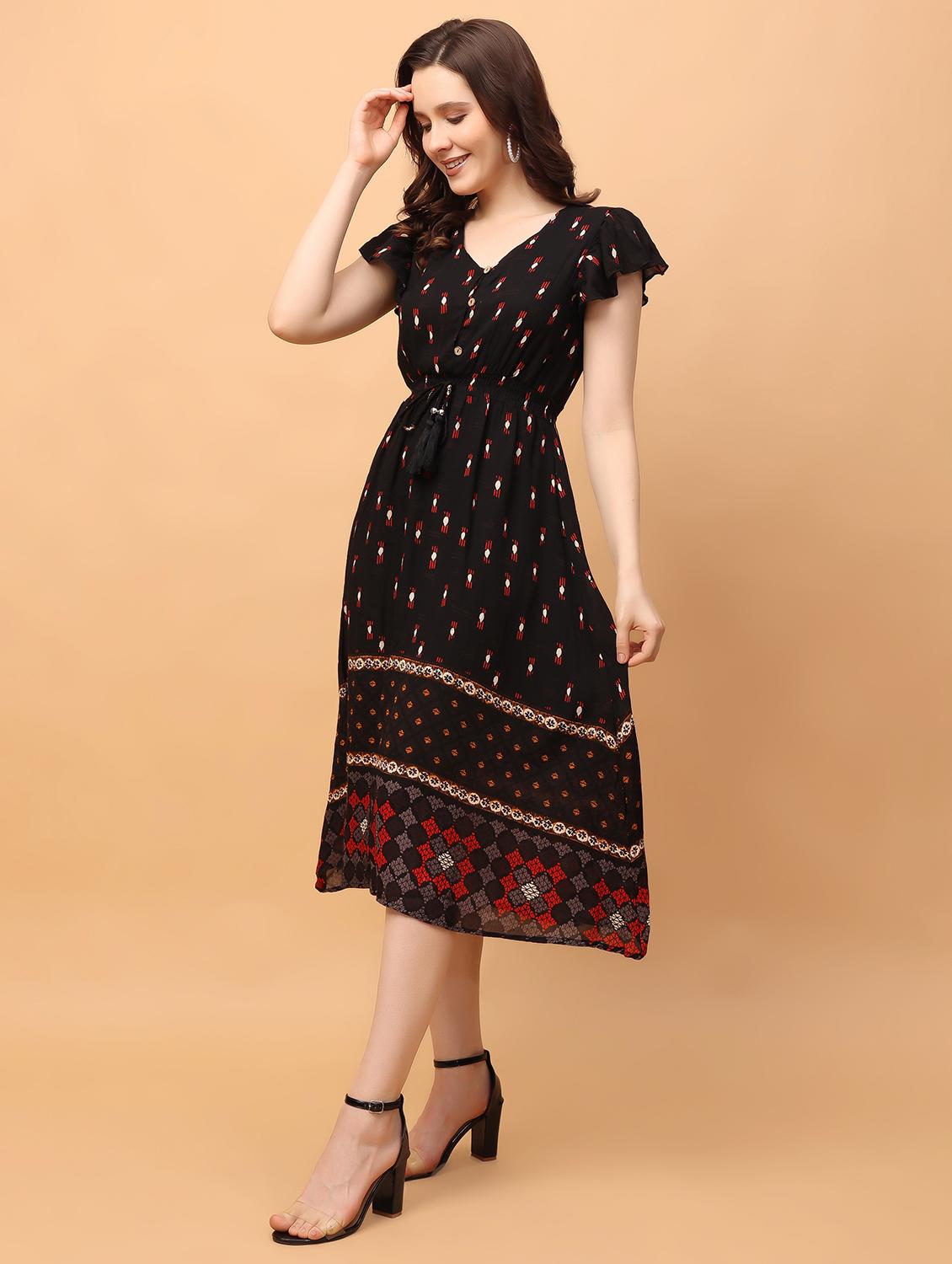 women black printed short sleeve a-line dress - 21389116 - Zoom Image - 0