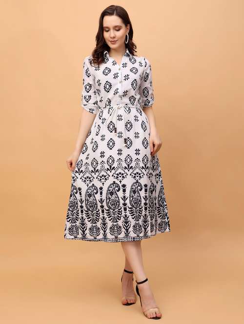 white printed fit & flare dress - 21389129 - Standard Image - 0