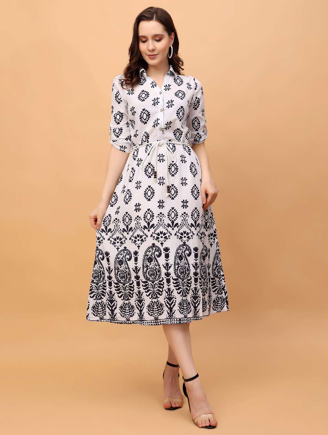 white printed fit & flare dress - 21389129 - Zoom Image - 0