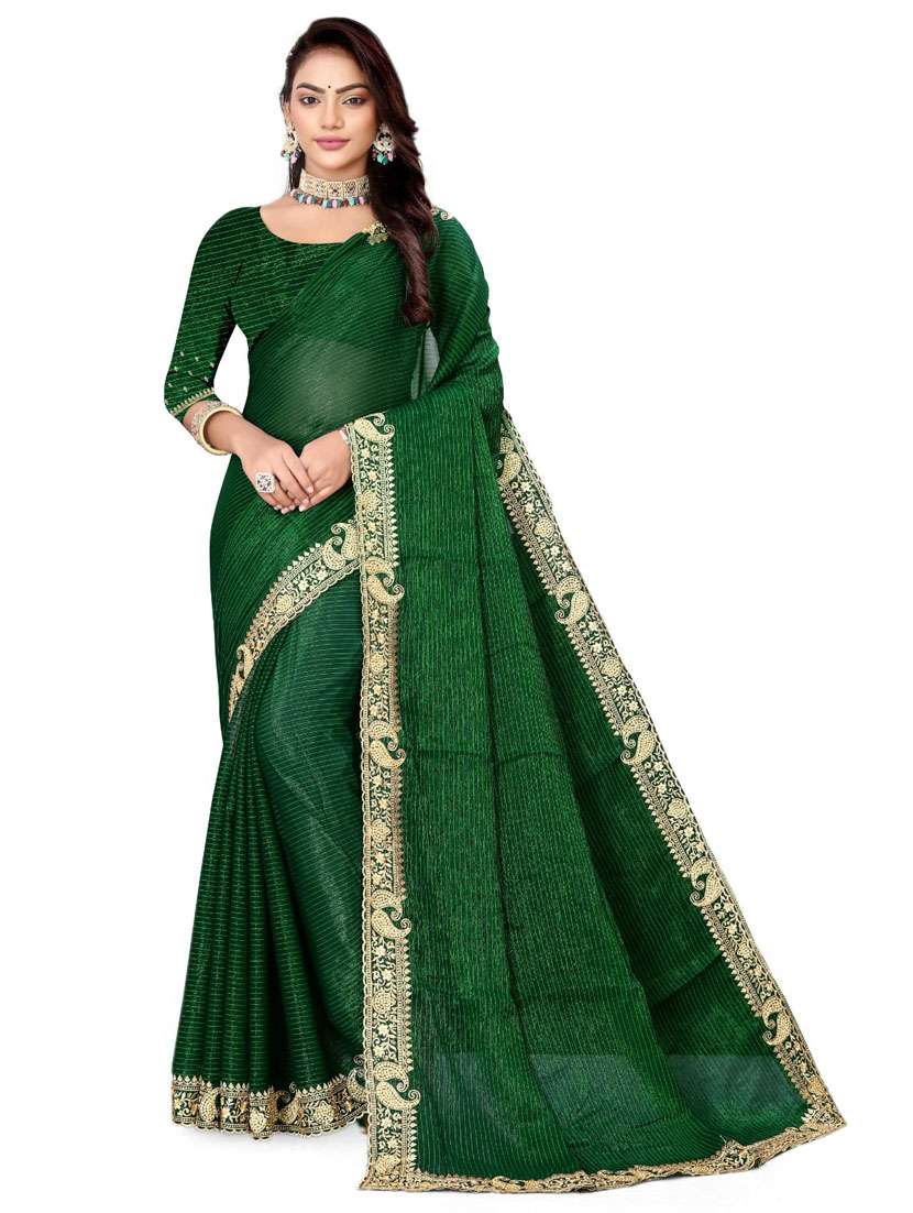 women green solid zari bordered saree with blouse