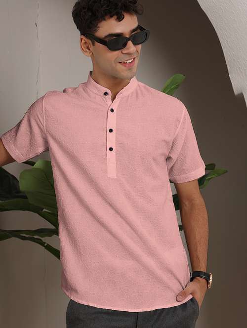men pink polyester short kurta - 21390139 -  Standard Image - 0