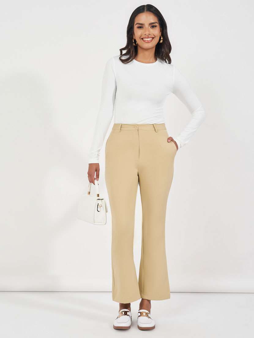 women beige solid mid rise bootcut trouser - 21390745 -  Standard Image - 2