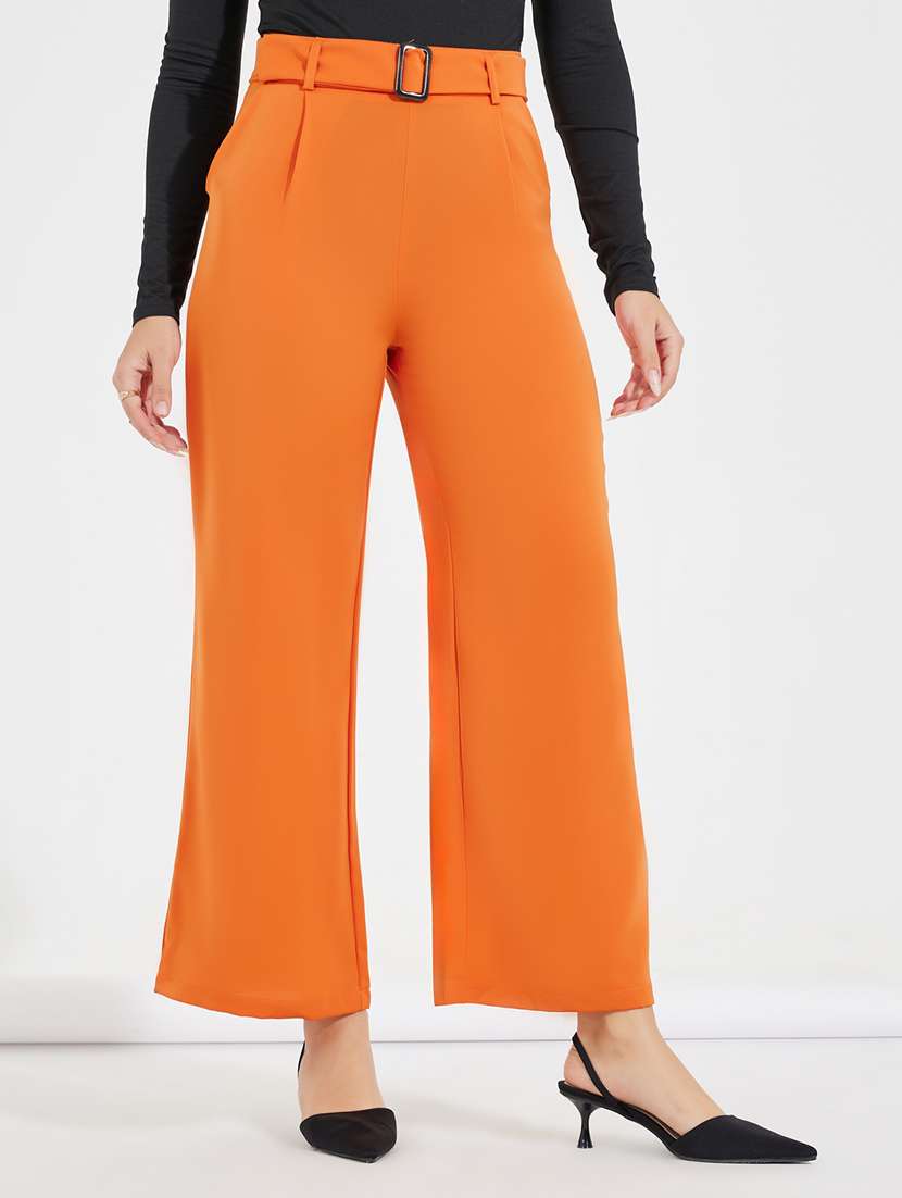 women orange polyester wide leg trouser