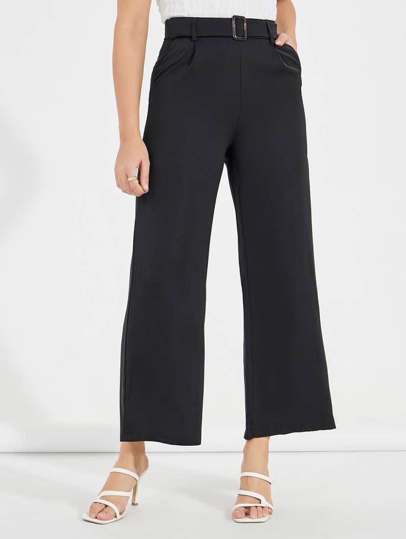 women black polyester wide leg trouser