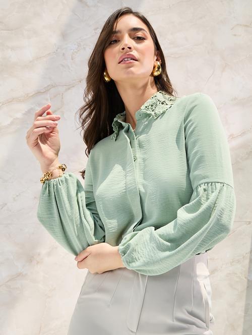 women casual lace frills bows and ruffles lace collar placket detail relaxed fit shirt - 21390822 -  Standard Image - 0