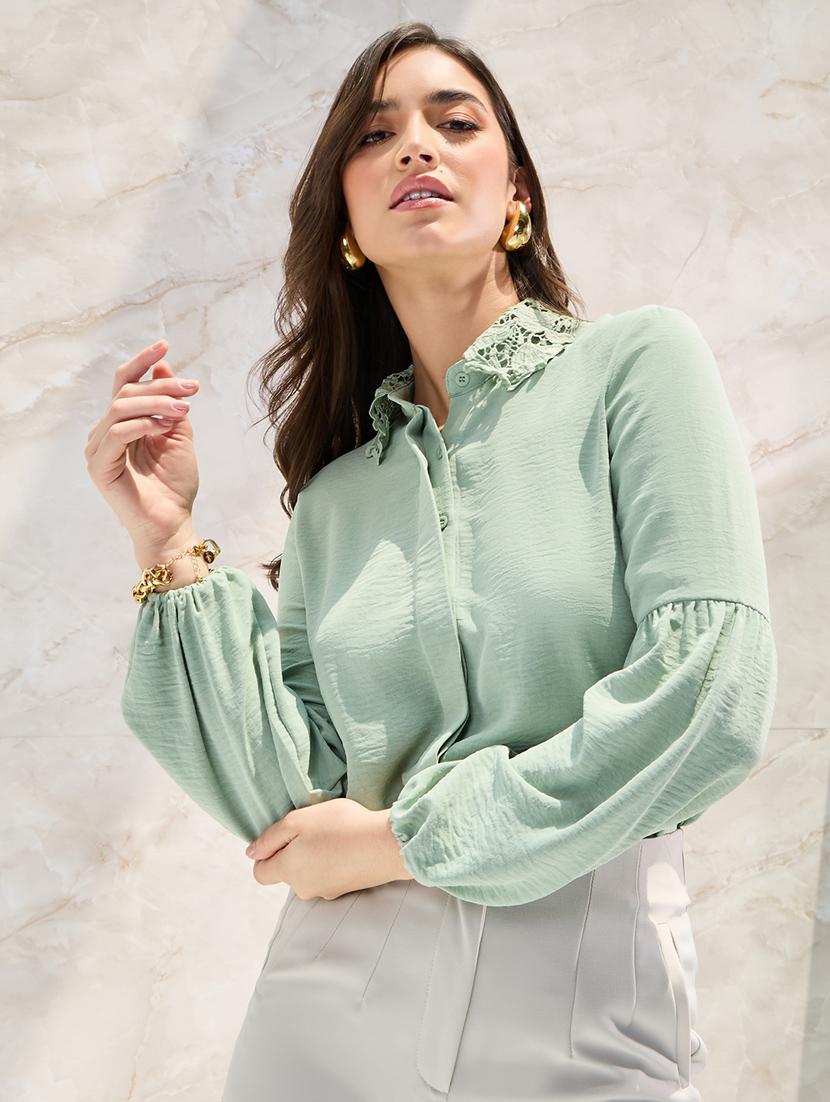 women casual lace frills bows and ruffles lace collar placket detail relaxed fit shirt - 21390822 -  Zoom Image - 0