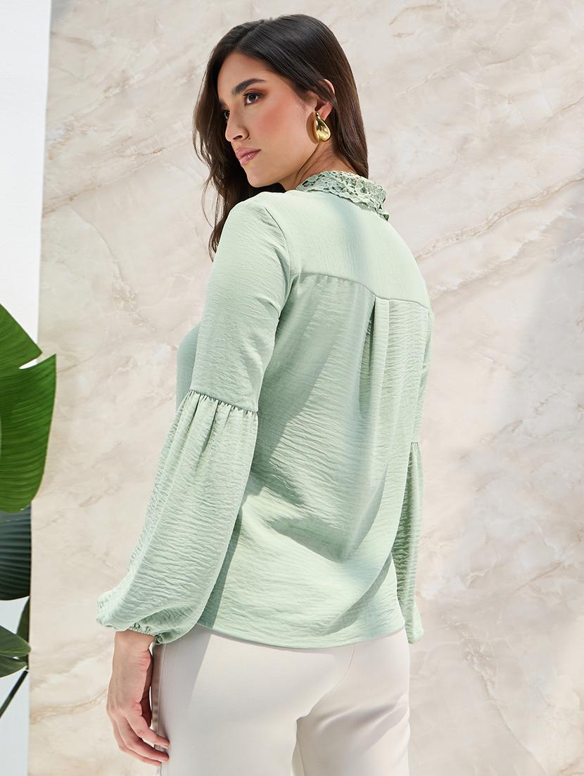 women casual lace frills bows and ruffles lace collar placket detail relaxed fit shirt - 21390822 - Standard Image - 2