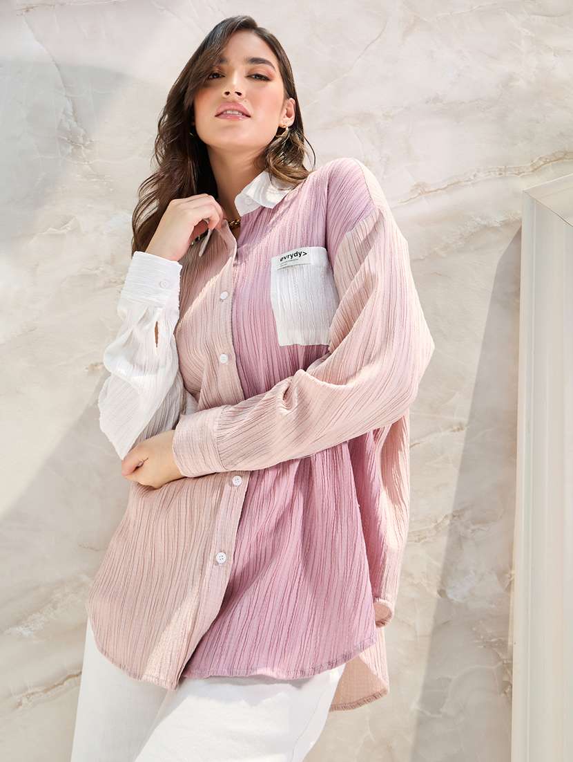 women casual colourblocked drop shoulder textured oversized fit shirt