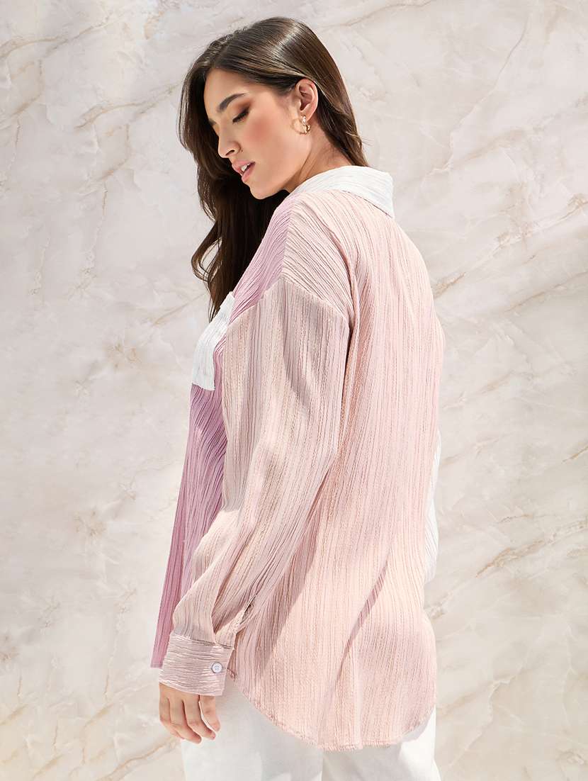 women casual colourblocked drop shoulder textured oversized fit shirt - 21390823 -  Standard Image - 2
