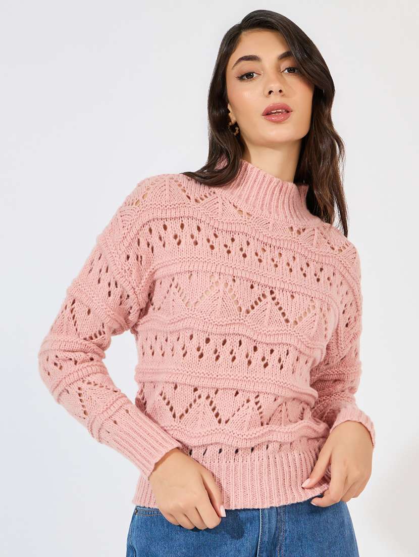 women pink self design turtle neck pullover