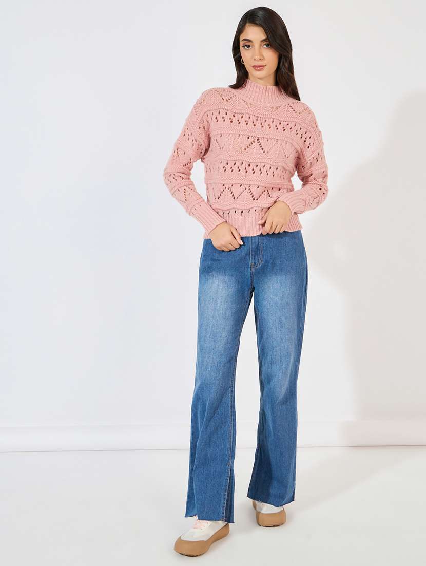 women pink self design turtle neck pullover - 21390828 - Standard Image - 2
