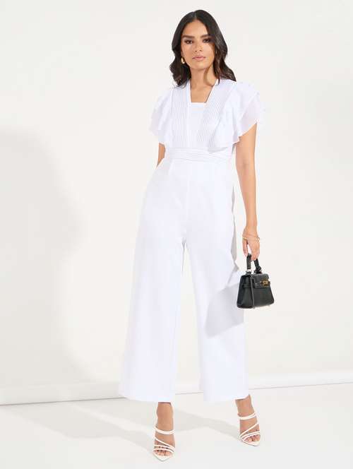 women white solid flard sleeve full length jumpsuit -
