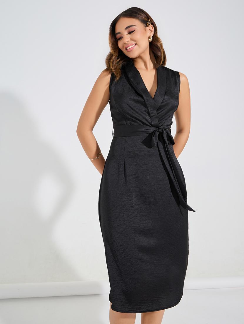 women black polyester belted dress - 21390864 - Standard Image - 2