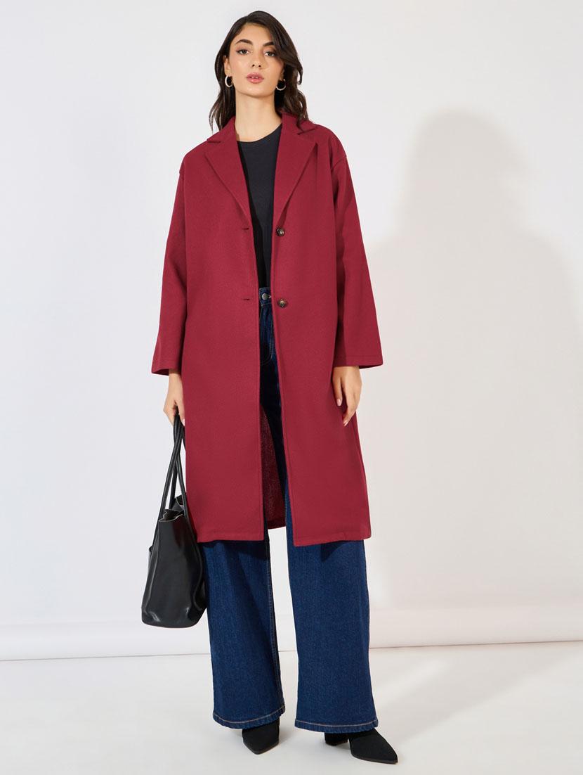 women burgundy solid long sleeve trench coat - 21390872 - Standard Image - 2