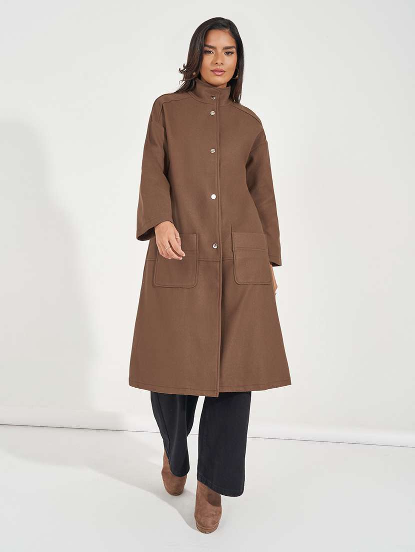 women brown solid full sleeve coat