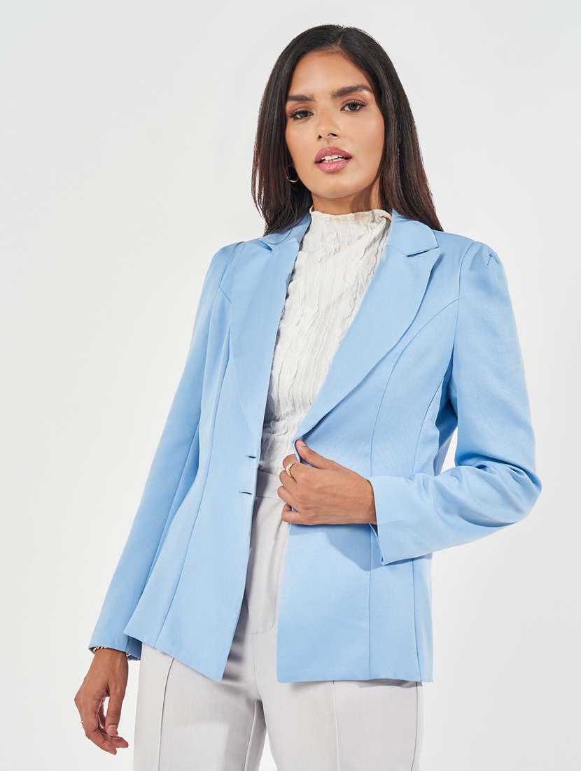 women light blue solid single breasted blazer