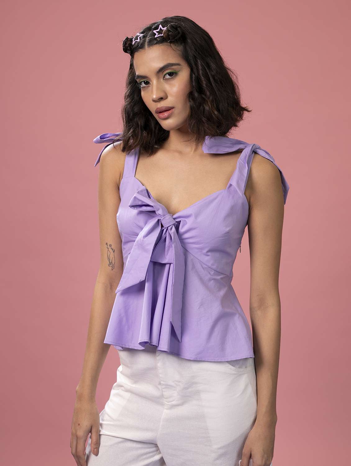 women solid tie up neck peplum top - 21390920 -  Standard Image - 2