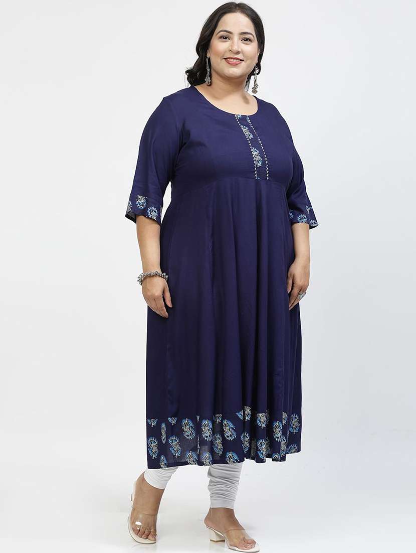 women navy blue round neck plus size flared kurta - 21391104 - Standard Image - 2