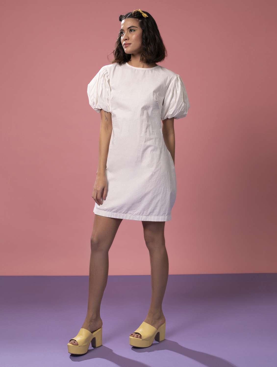 women solid puff sleeves a-line dress - 21391124 -  Standard Image - 2