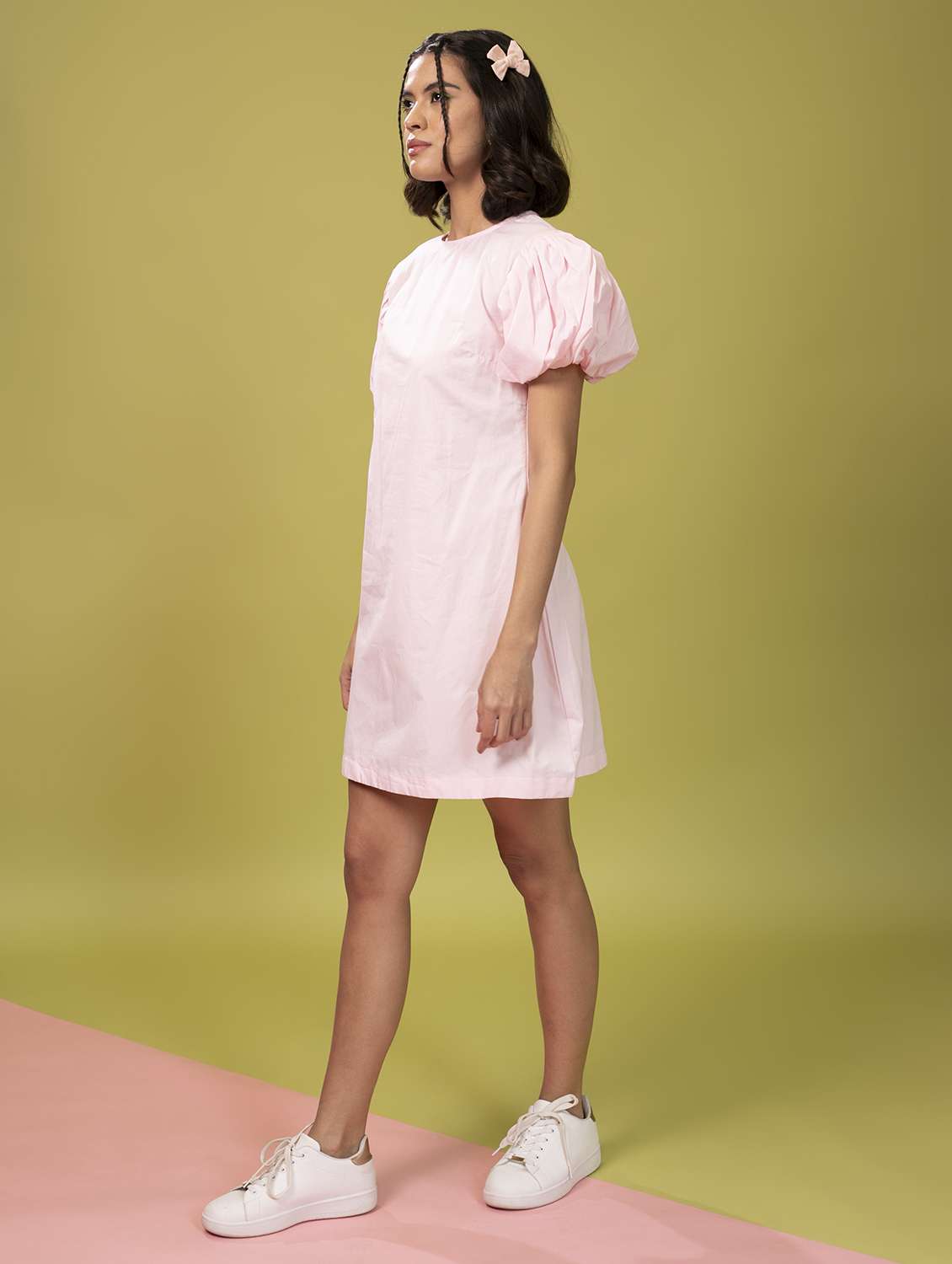 women solid puff sleeves a-line dress - 21391125 -  Standard Image - 2