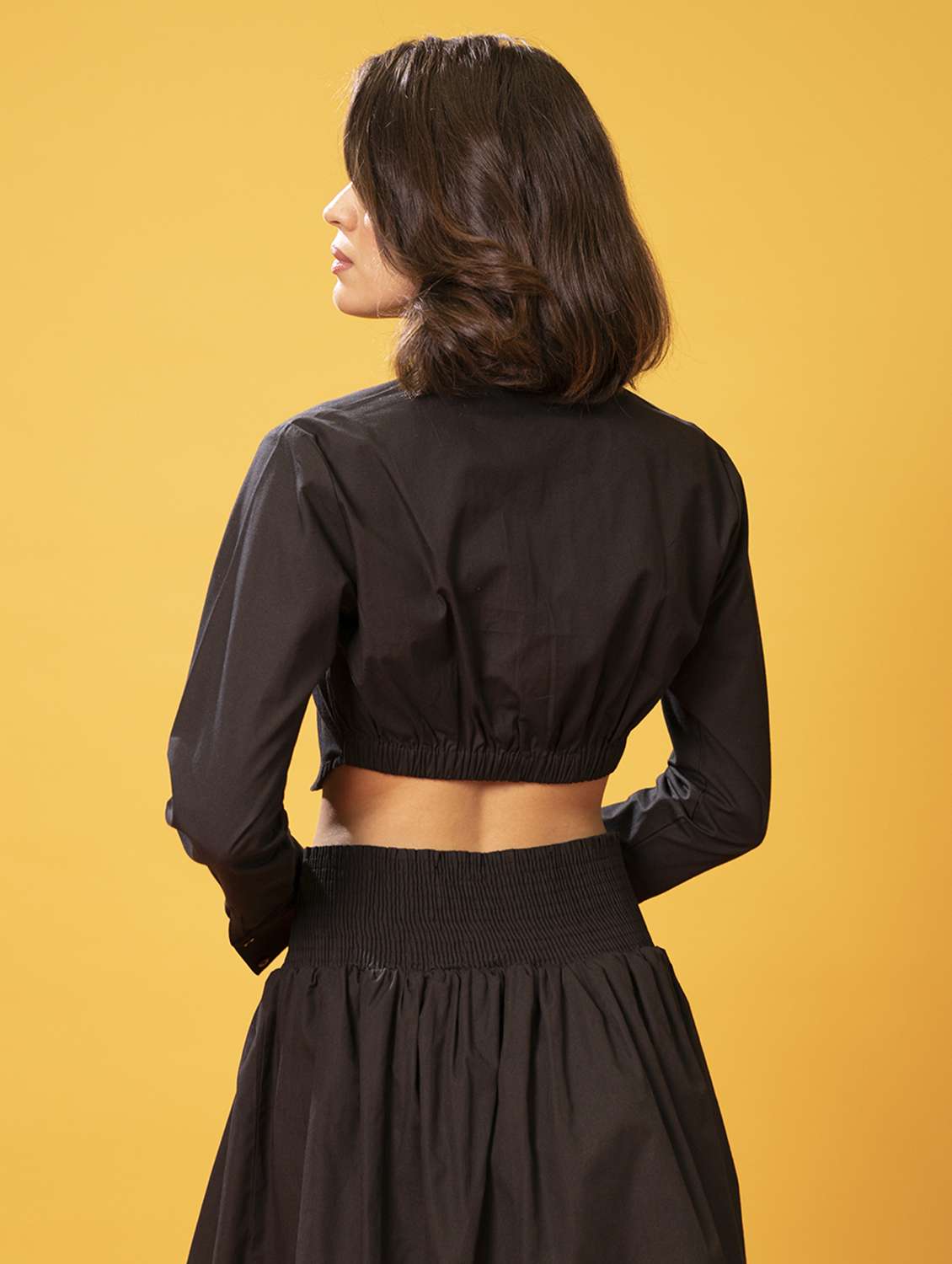 women solid collared puff sleeves crop shirt - 21391529 -  Standard Image - 2