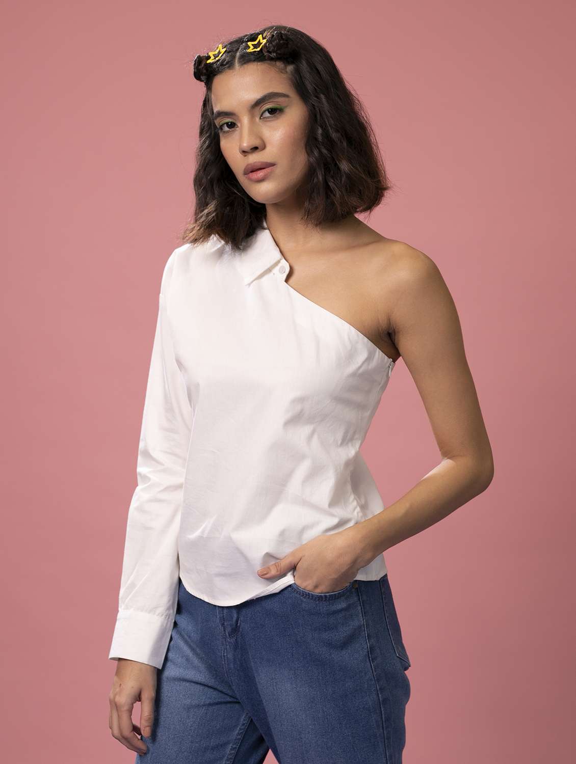 women solid collared single shoulder shirt - 21391531 -  Standard Image - 2