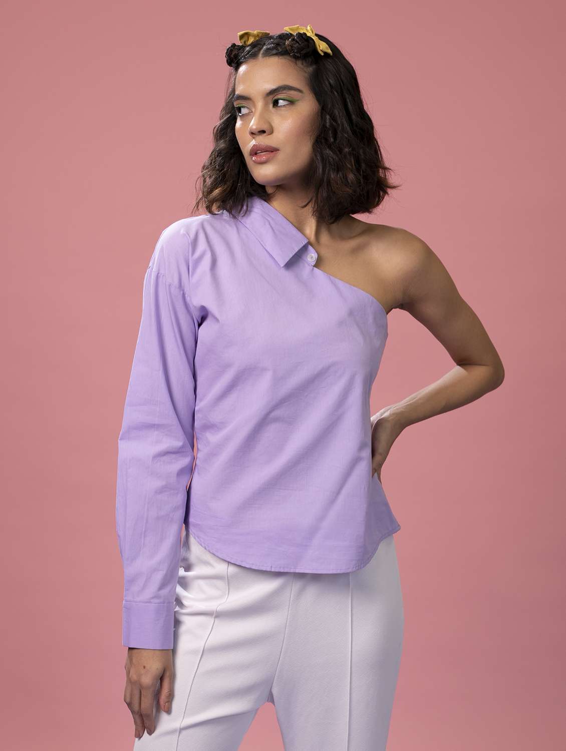 women solid collared single shoulder shirt - 21391532 -  Standard Image - 2