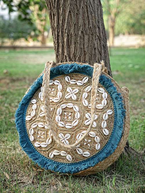 women embellished jute tote bag