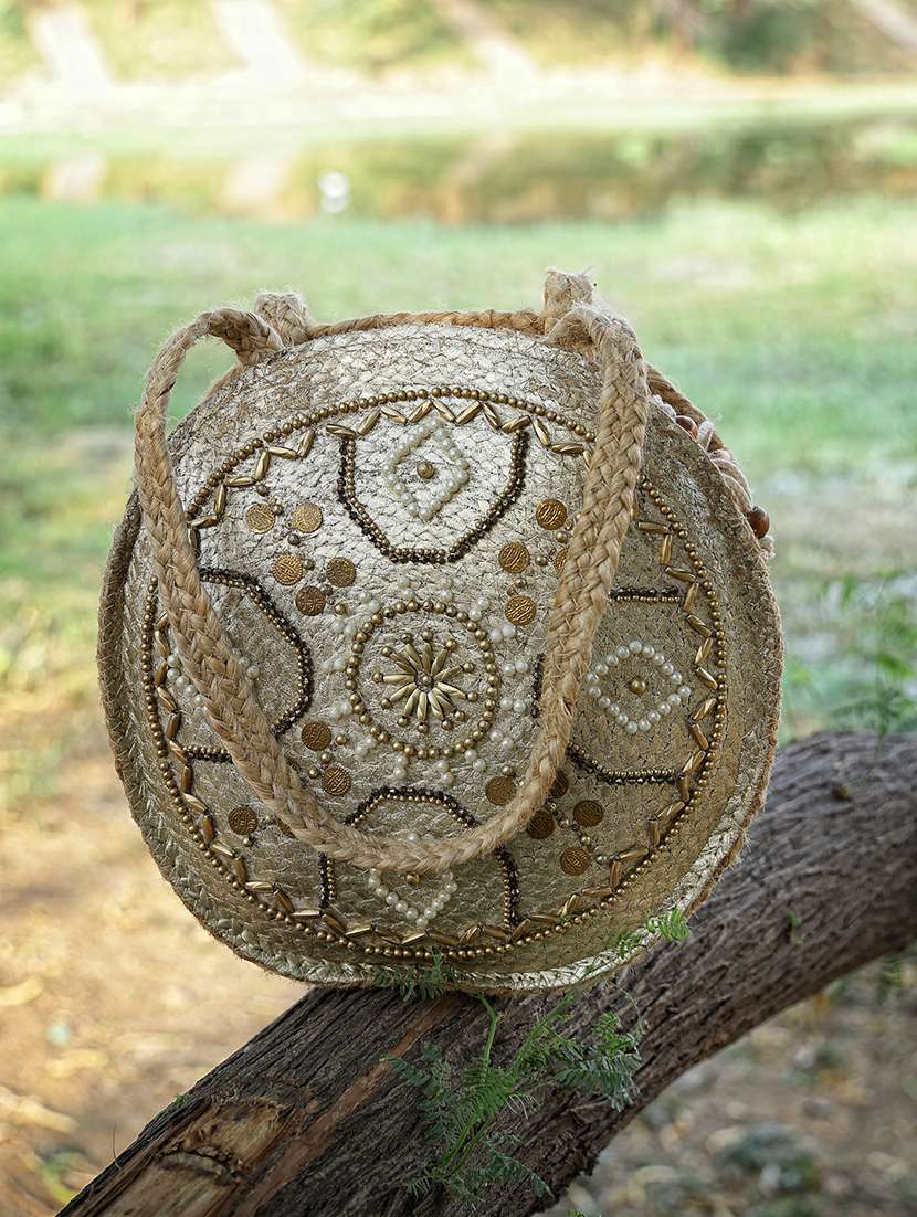 women embellished jute tote bag